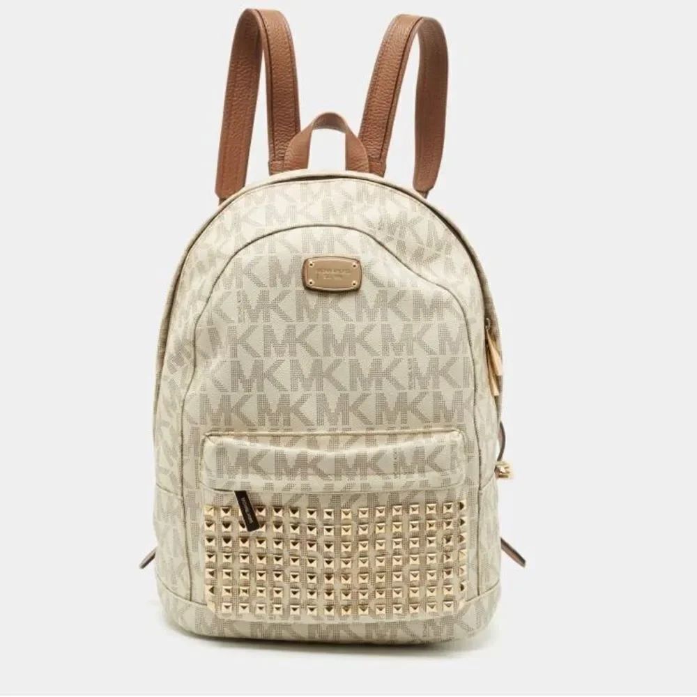 MK michael kors RHEA studded fullsize backpack cream,white tan leather gold guc
